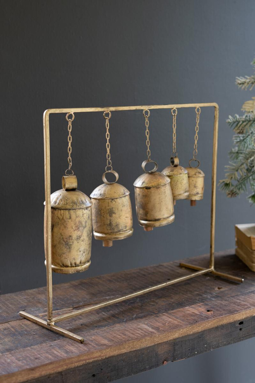 Five Antique Brass Christmas Bells on a Stand Five Antique Brass Christmas Bells on a Stand