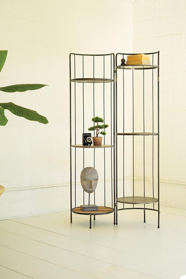 Hinged Tall Round Metal &amp; Wood Display Shelving Unit