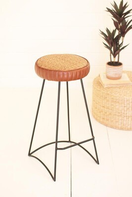 Iron Bar Stool w/Leather &amp; Woven Cane