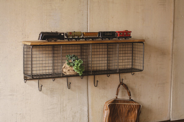 Large Wire Mesh Four Horizontal Cubbies w/Wooden Top