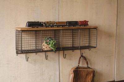 Large Wire Mesh Four Horizontal Cubbies w/Wooden Top