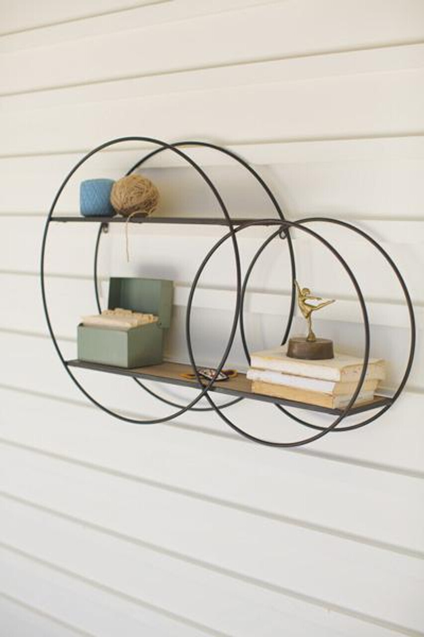 Metal Double Circle Wall Unit w/Wood Shelves