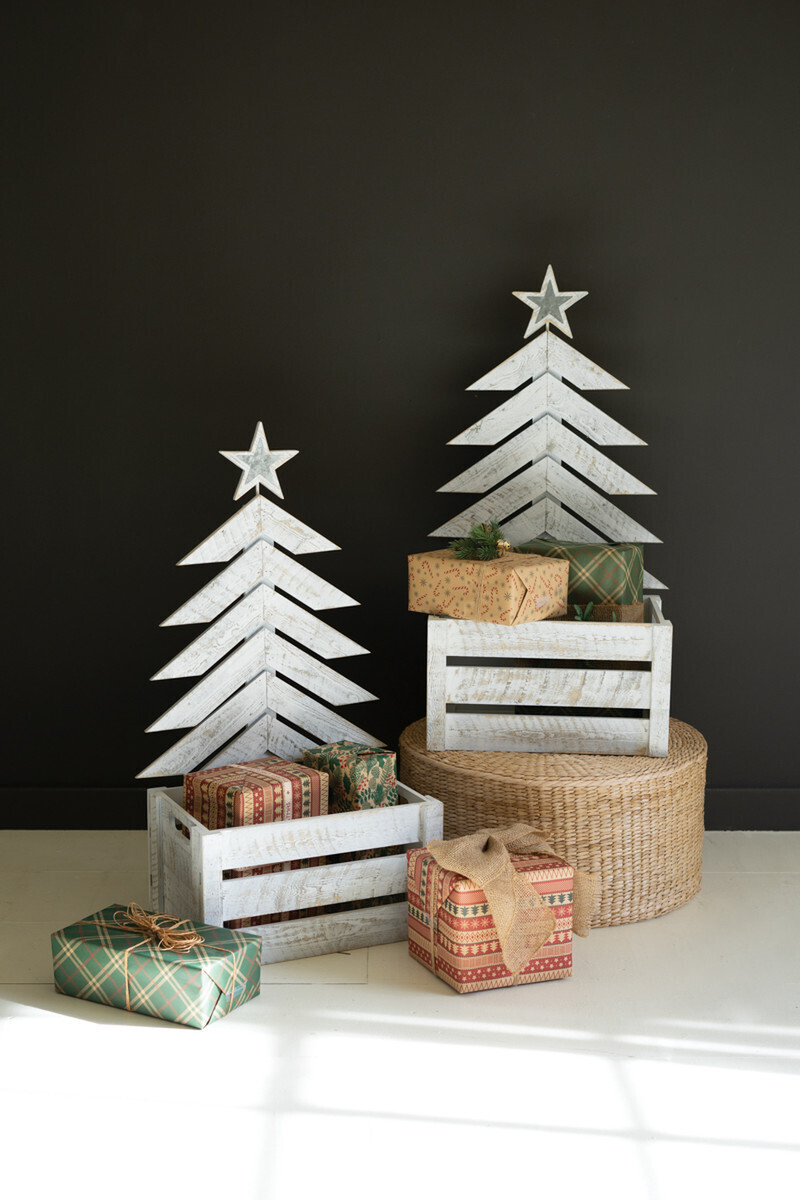 Recycled Distressed White Wooden Christmas Tree w/Crate