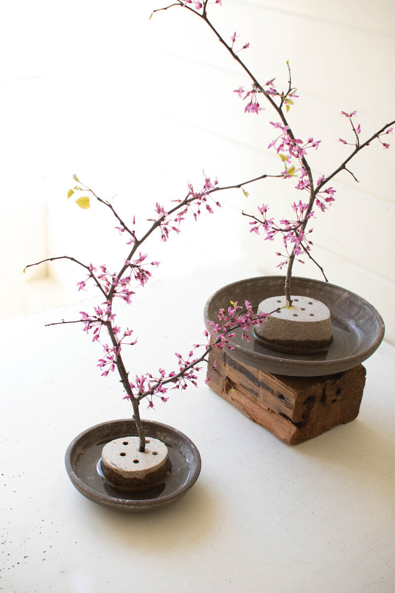 River Rock Flower Holder w/Clay Saucer Lg