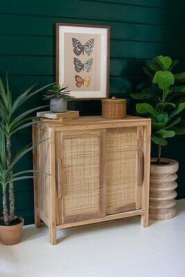 Wooden Cabinet w/Sliding Doors &amp; Woven Cane Detail