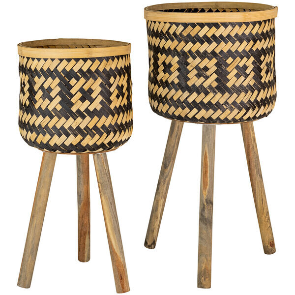 Woven Blk &amp; Nat Bamboo Plant Stand w/ Wood Legs Sm