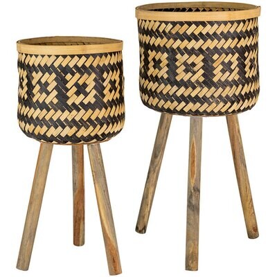 Woven Blk &amp; Nat Bamboo Plant Stand w/ Wood Legs Sm