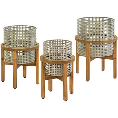 Woven Metal Planter w/Wood Stand Med