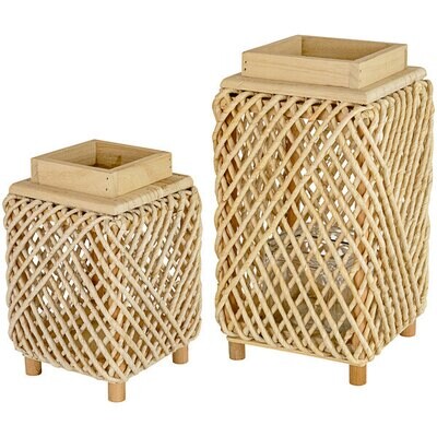 Woven Rope &amp; Wood Lantern w/Glass Insert Lg