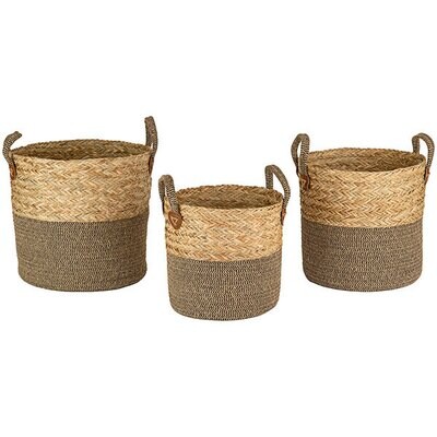 Woven Round Seagrass Basket w/Brown Base & Handles Med Woven Round Seagrass Basket w/Brown Base & Handles Med