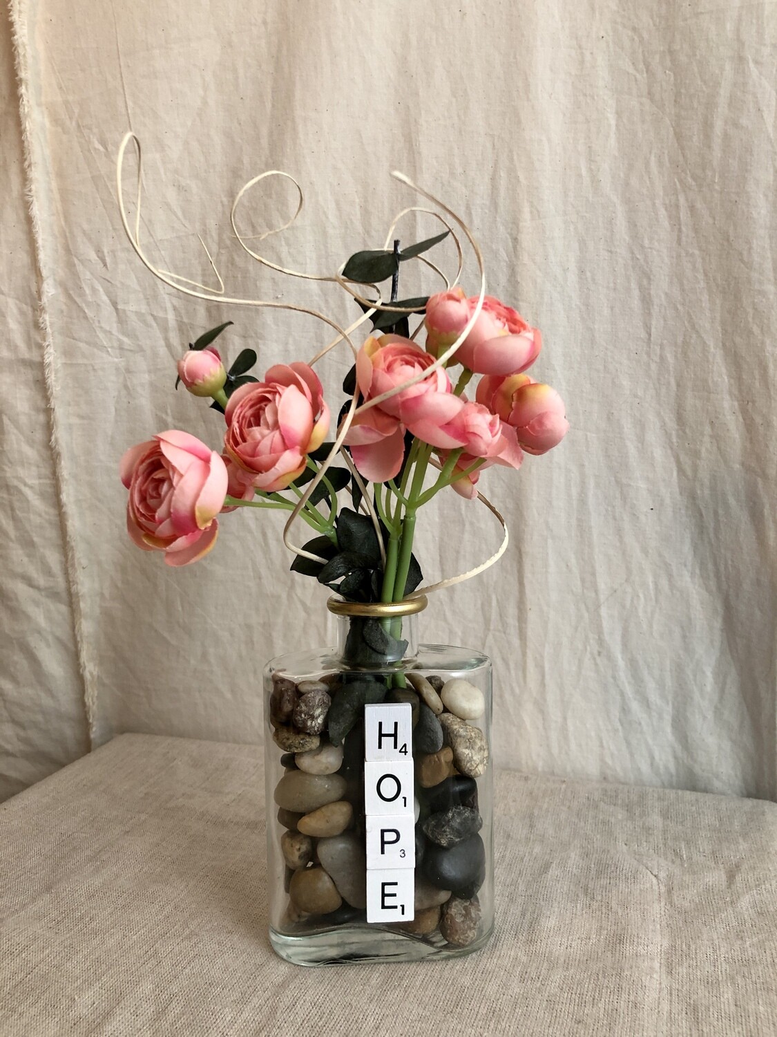 Hope Scrabble Vase w/Stones &amp; Flowers 3.5&quot; x 11&quot;T