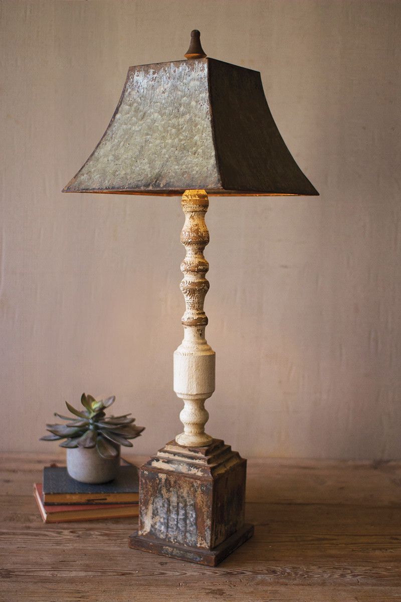 Tall Turned Wooden Banister Lamp w/Metal Shade