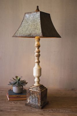 Tall Turned Wooden Banister Lamp w/Metal Shade