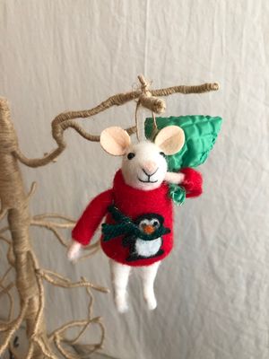 Felt Mouse with Green Sack Ornament