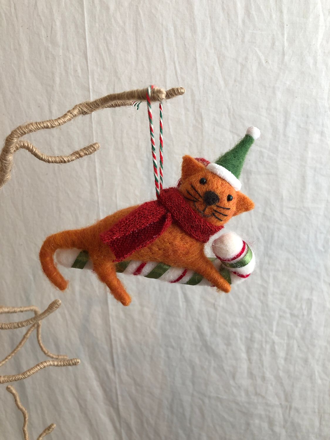 Felt Cat on Candy Cane Ornament
