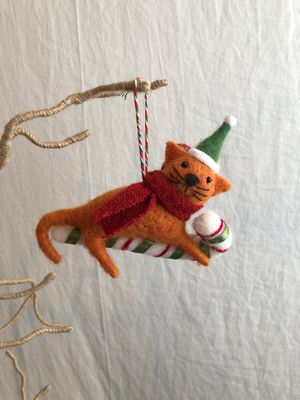 Felt Cat on Candy Cane Ornament
