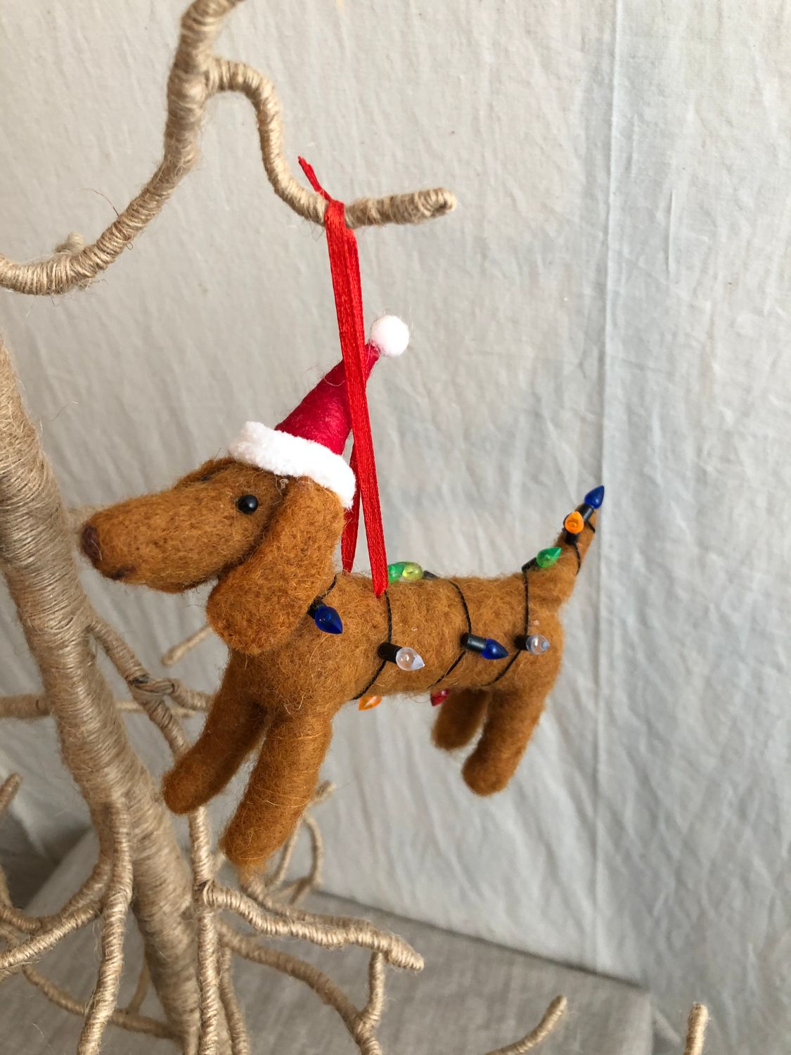 Felt Dog Wrapped in Christmas Lights Ornament