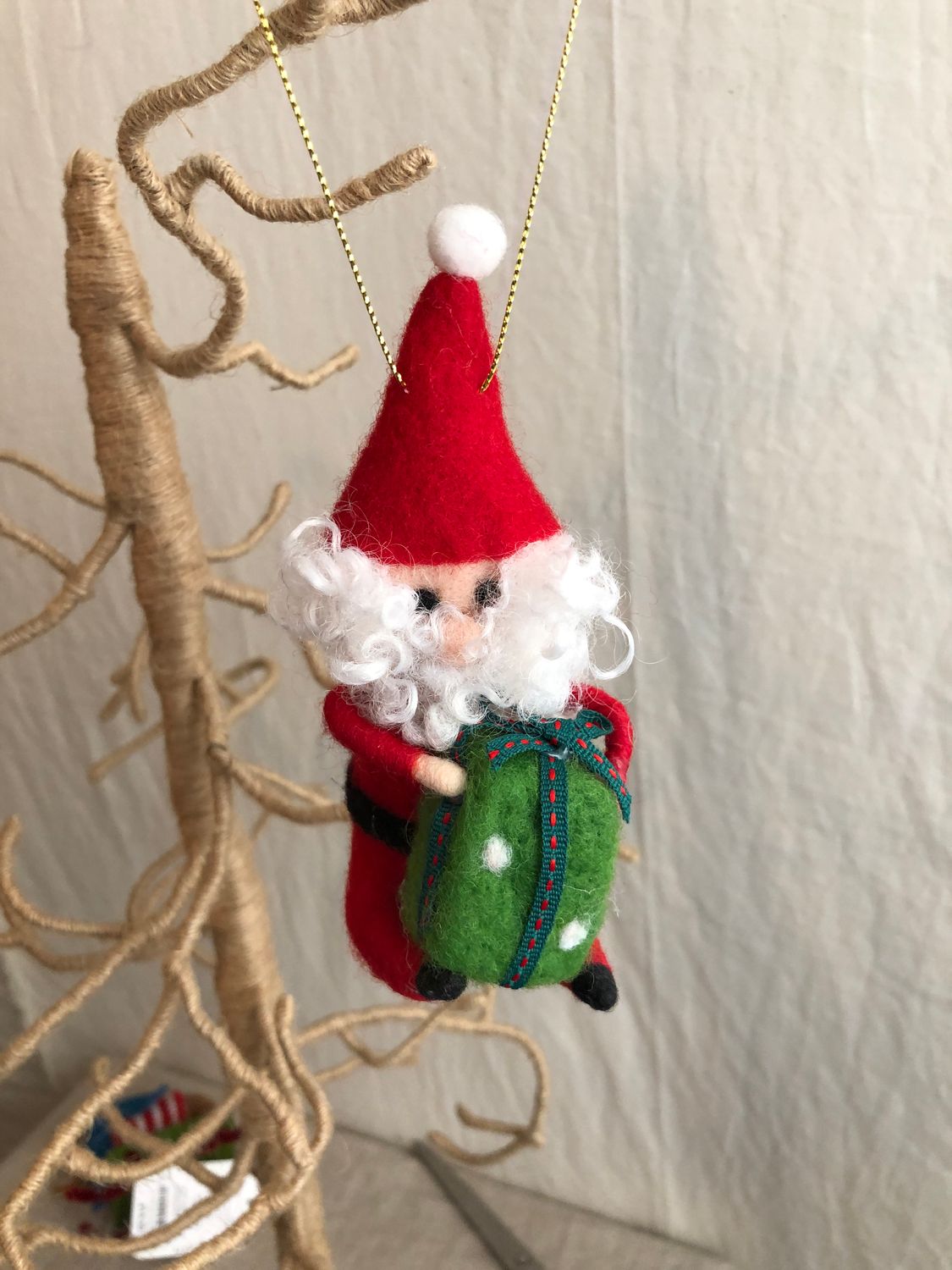Felt Santa Holding Present Ornament - Rectangle