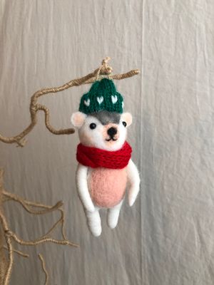 Felt Bear w/Green Heart Hat Ornament