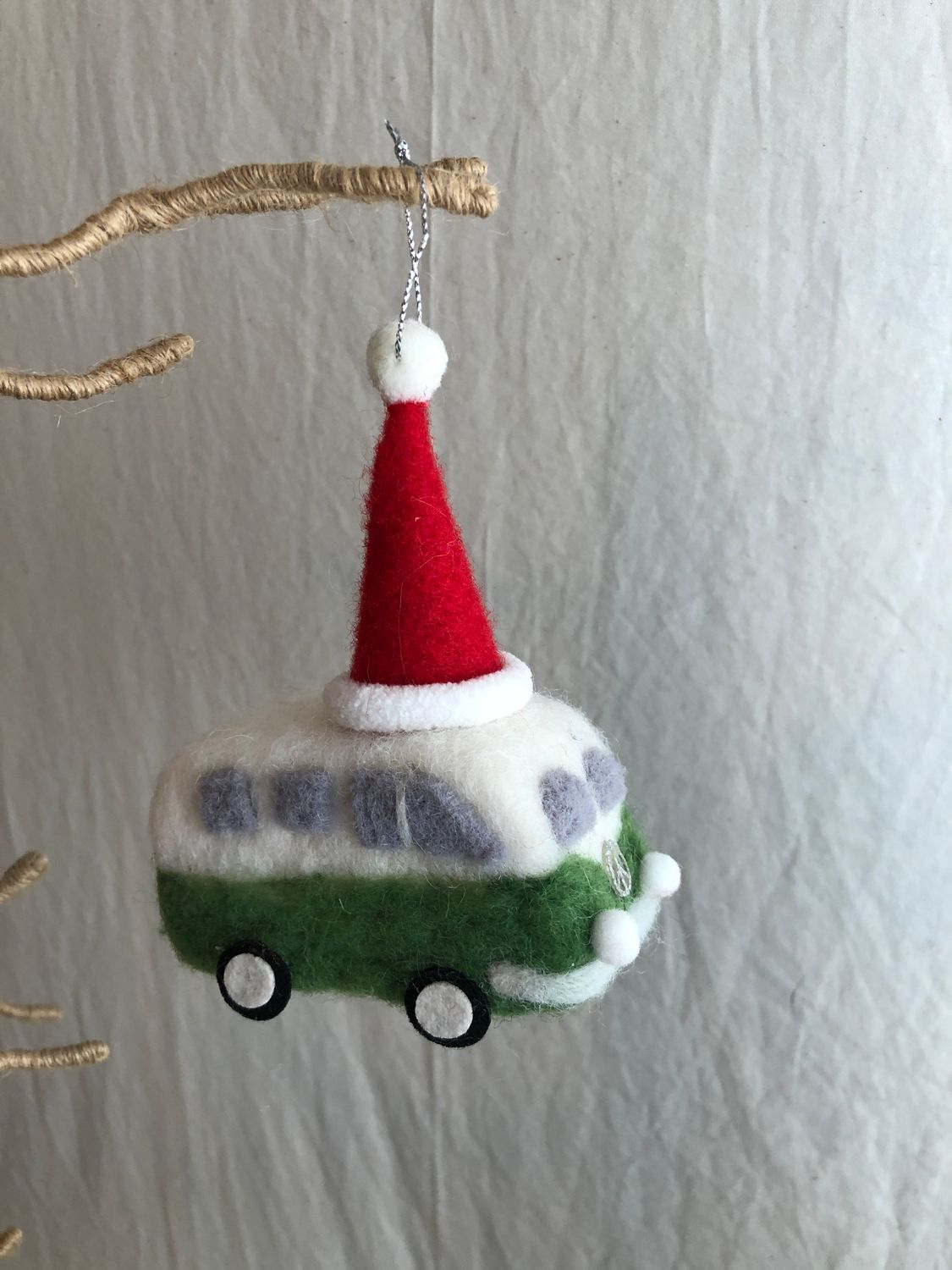 Felt Green Bus w/Santa Hat Ornament