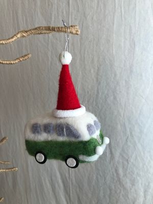 Felt Green Bus w/Santa Hat Ornament