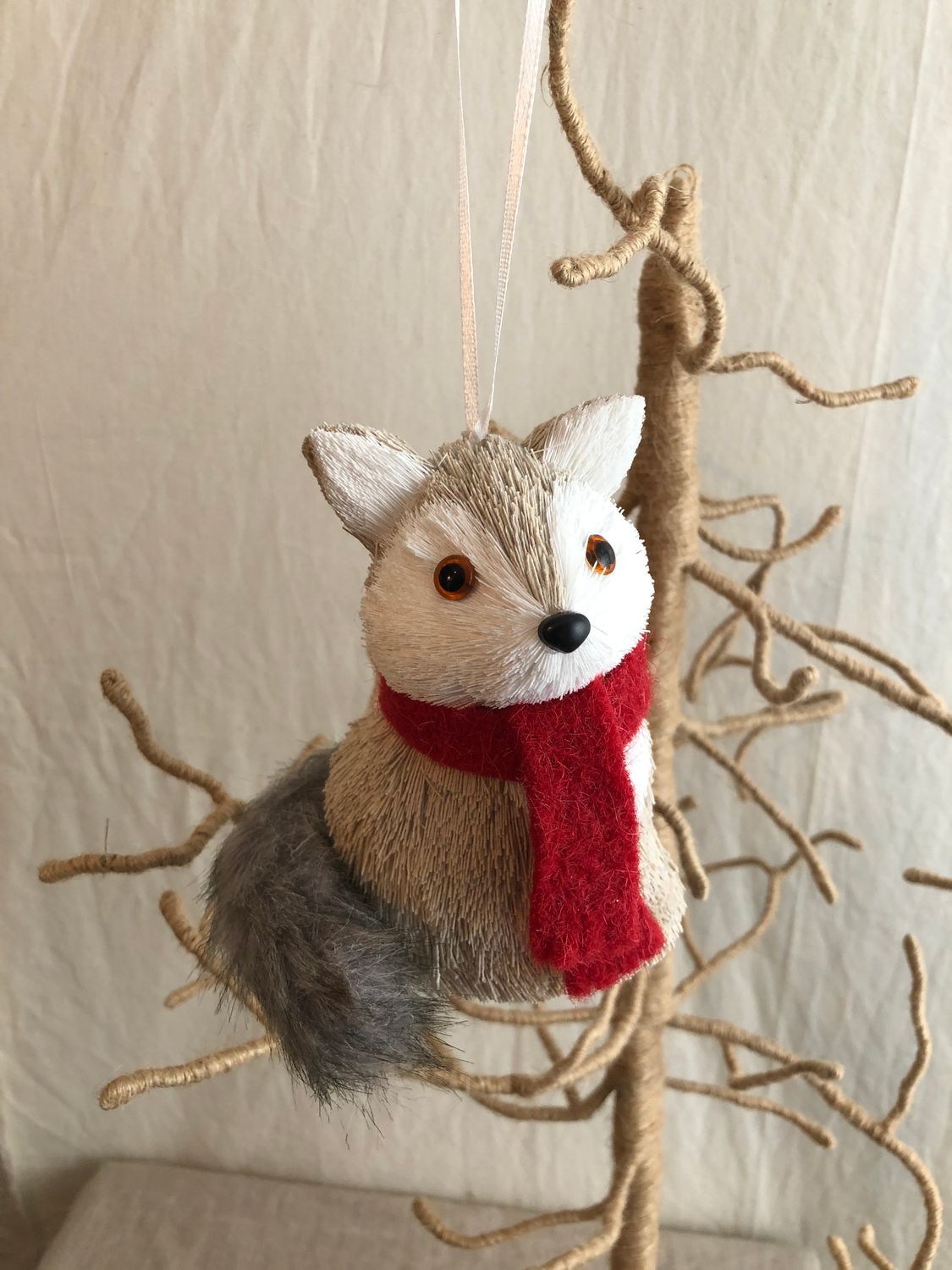 Gray Fox w/Red Scarf Ornament