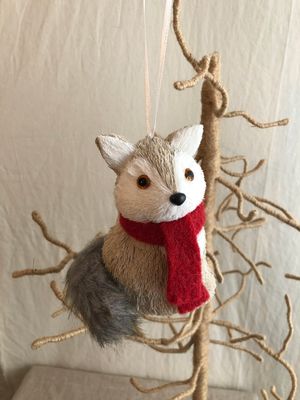 Gray Fox w/Red Scarf Ornament