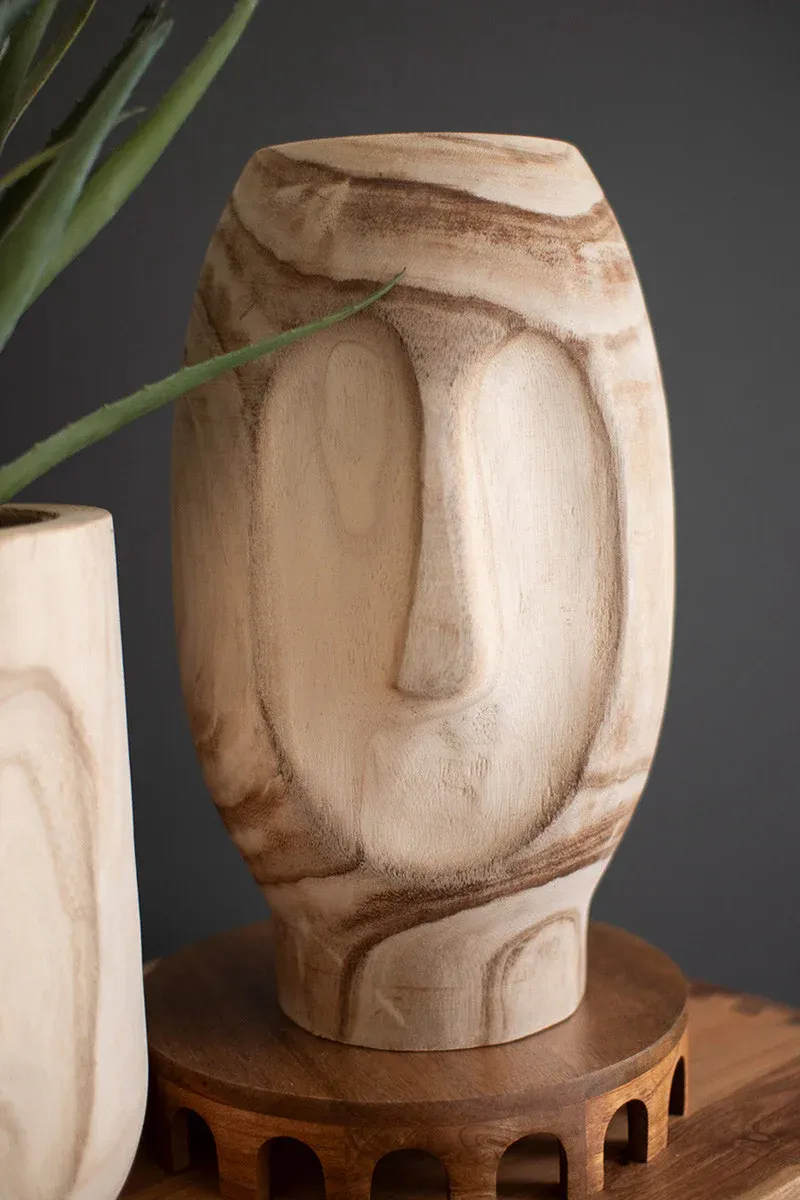 Wood Hand-Carved Face Planter Lg