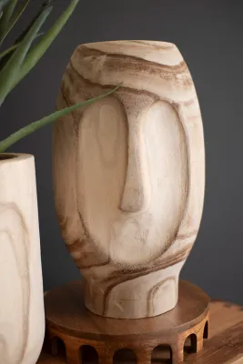 Wood Hand-Carved Face Planter Lg
