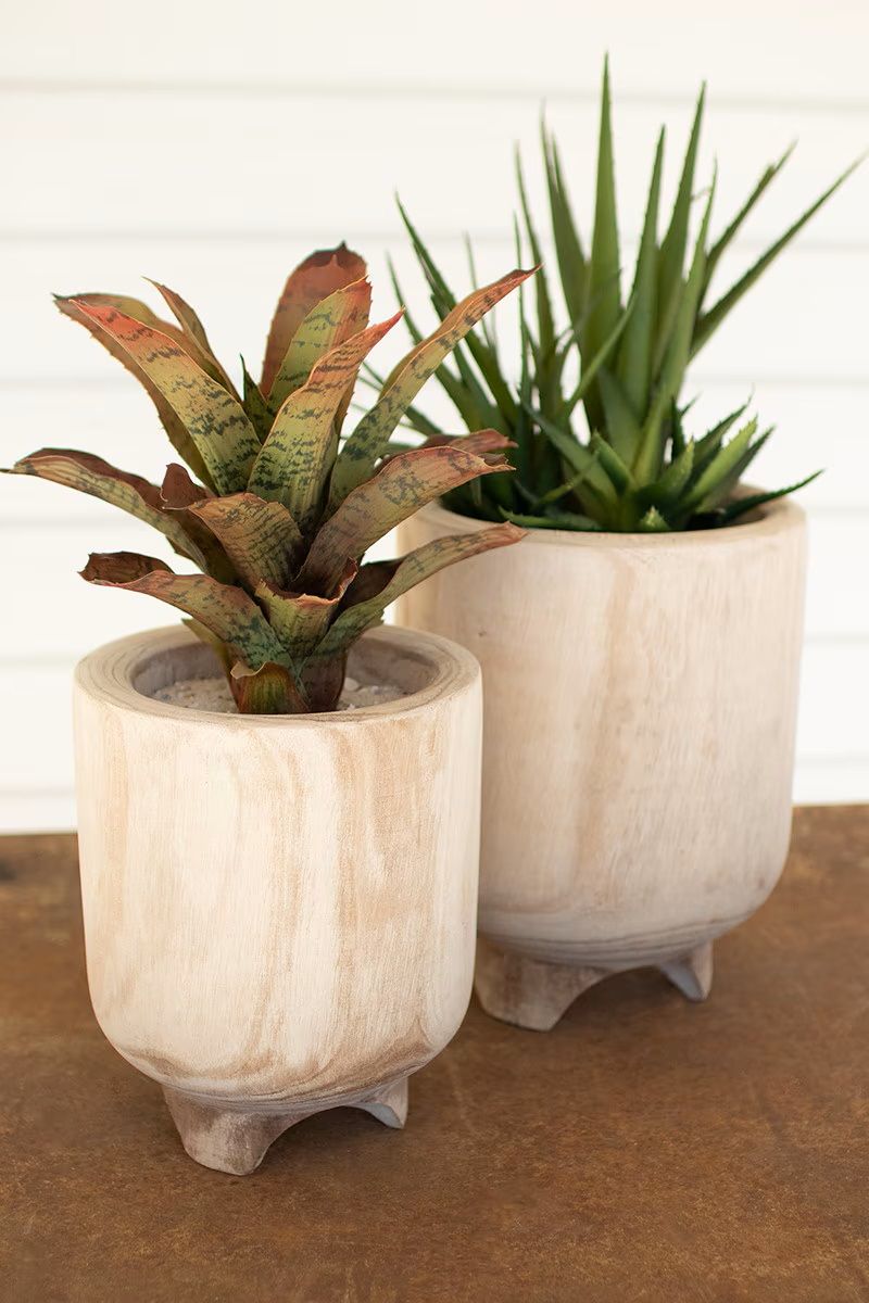 Hand Carved Wooden Planter w/Feet Sm