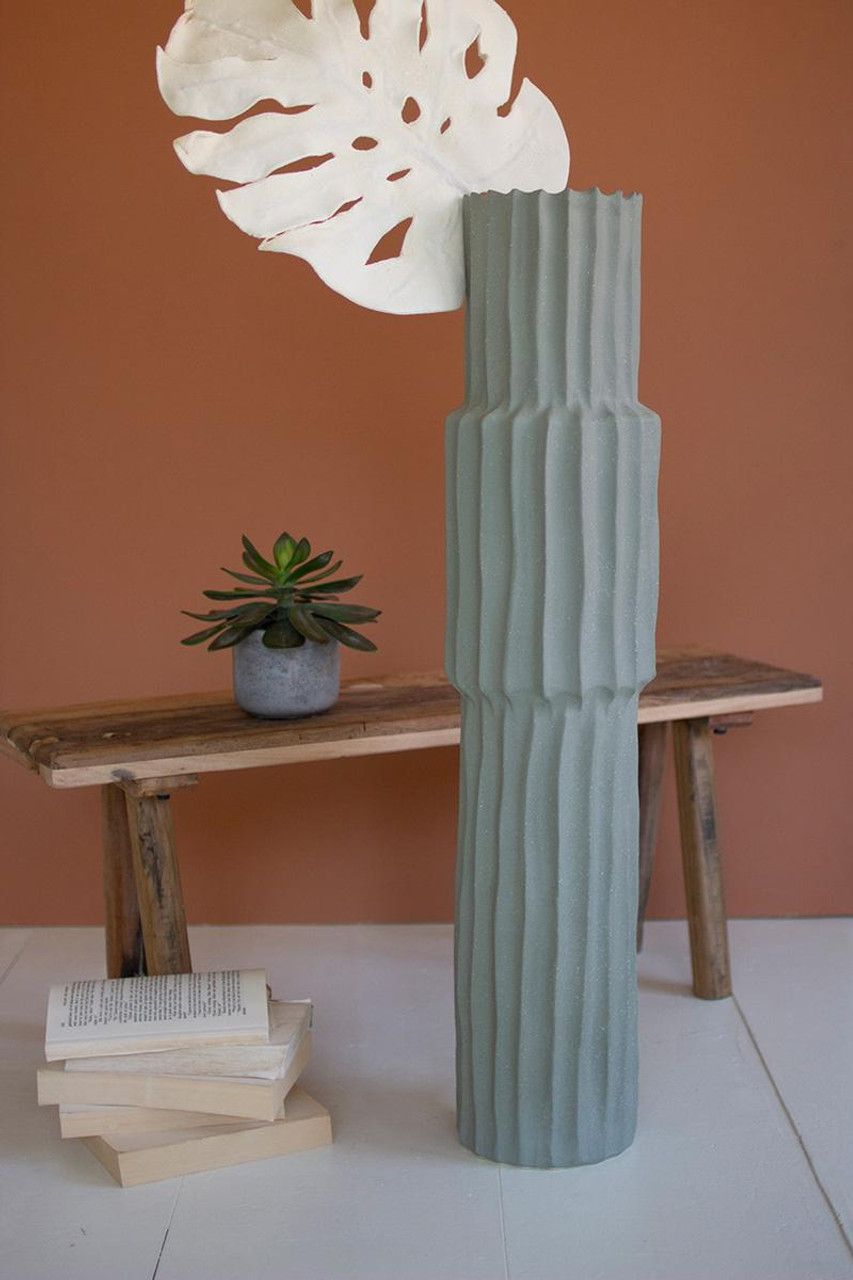 Large Ribbed Green Ceramic Vase Large Ribbed Green Ceramic Vase