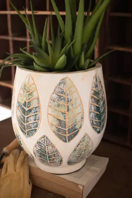 Curved Side Terracotta Planter w/Leaf Detail