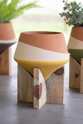 Double Dipped Clay Vase on Wood Base - Yellow