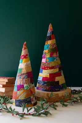 S/2 Large Kantha Christmas Topiaries