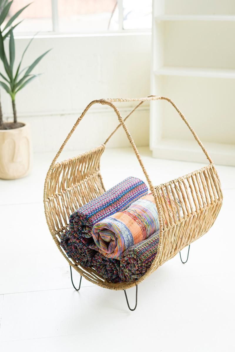 Woven Rush &amp; Metal Firewood Rack w/Tall Handle