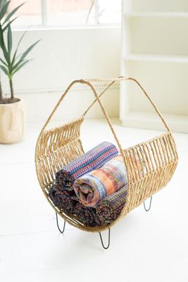 Woven Rush &amp; Metal Firewood Rack w/Tall Handle