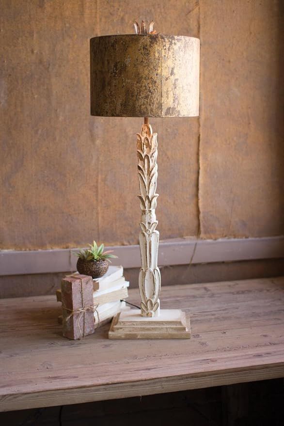 Table Lamp w/Carved Wooden Base &amp; Rustic Metal Shade