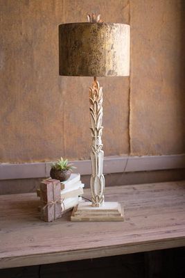 Table Lamp w/Carved Wooden Base &amp; Rustic Metal Shade