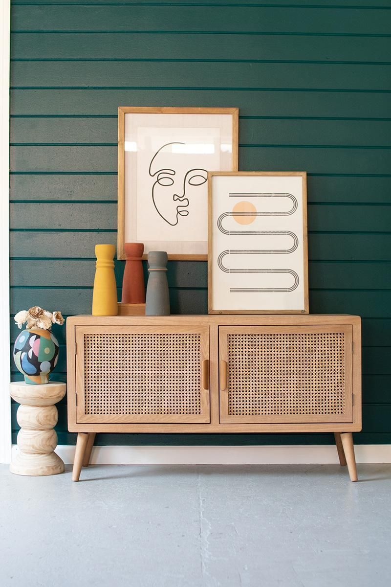 Wood TV Cabinet w/Woven Cane Doors