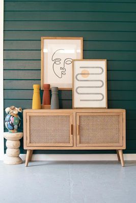 Wood TV Cabinet w/Woven Cane Doors