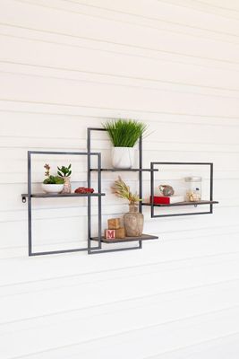 Multi Level Wood &amp; Metal Wall Shelf