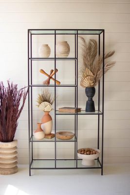 Antique Black Metal Display Unit w/Fluted Glass Shelves