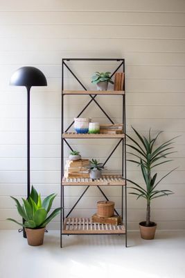 Metal Display Rack w/Slatted Wood Shelves