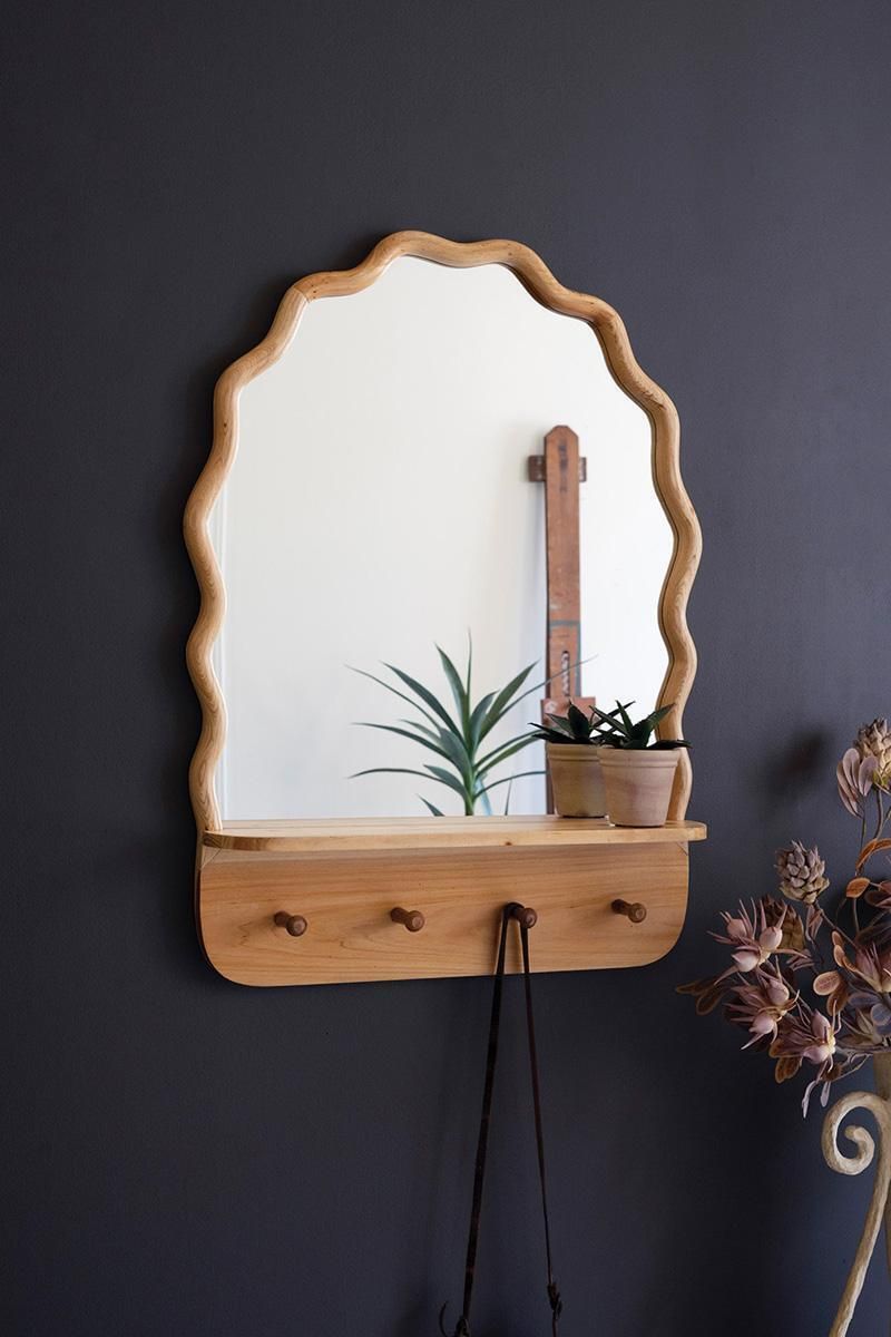Arched Wooden Squiggle Framed Mirror w/Shelf &amp; Coat Hooks