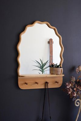 Arched Wooden Squiggle Framed Mirror w/Shelf &amp; Coat Hooks