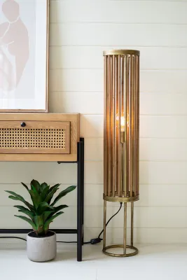 Round Brass &amp; Wood Cylinder Floor Lamp