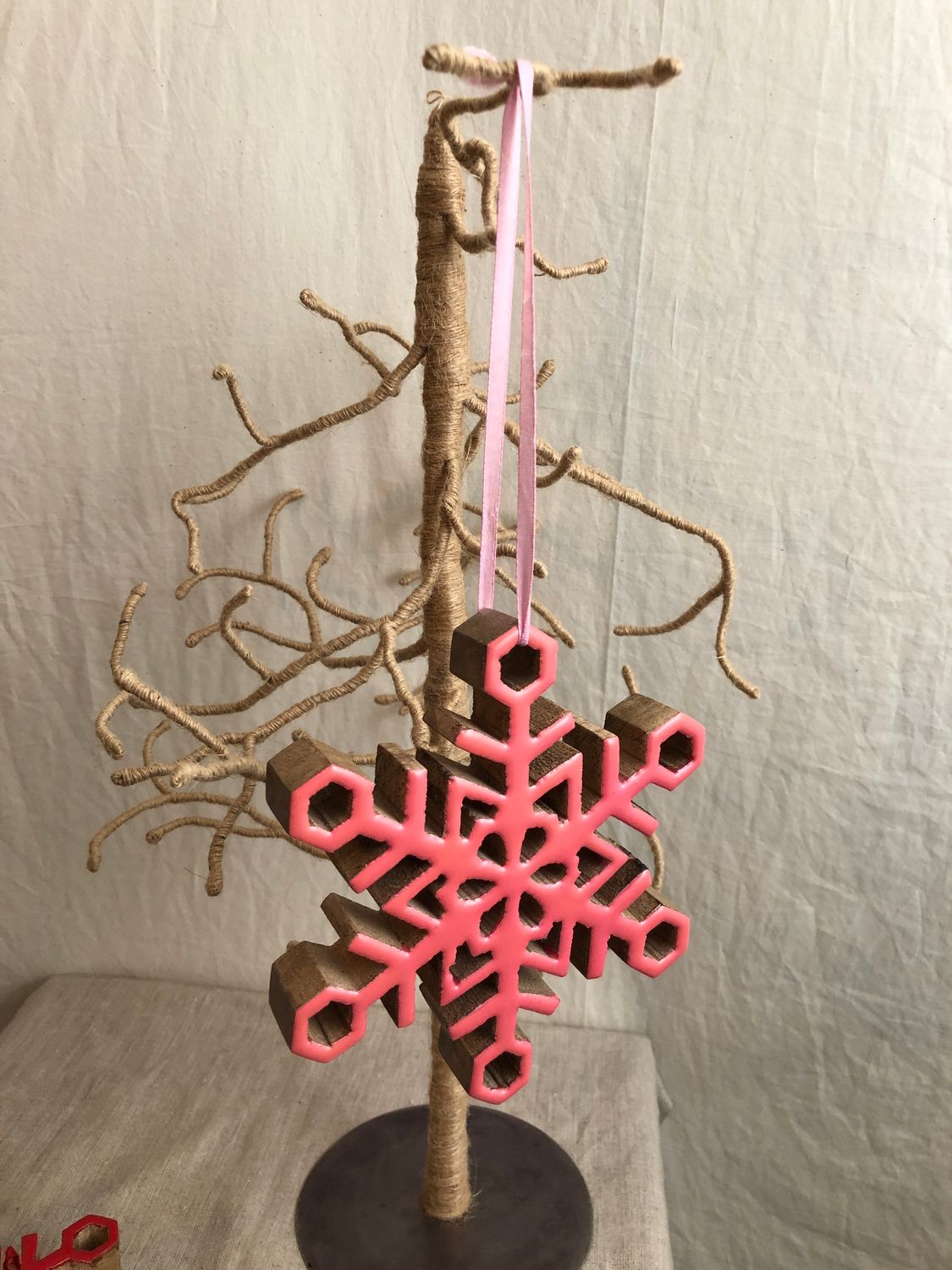 Wooden Snowflake Ornament 6.5&quot; Pink