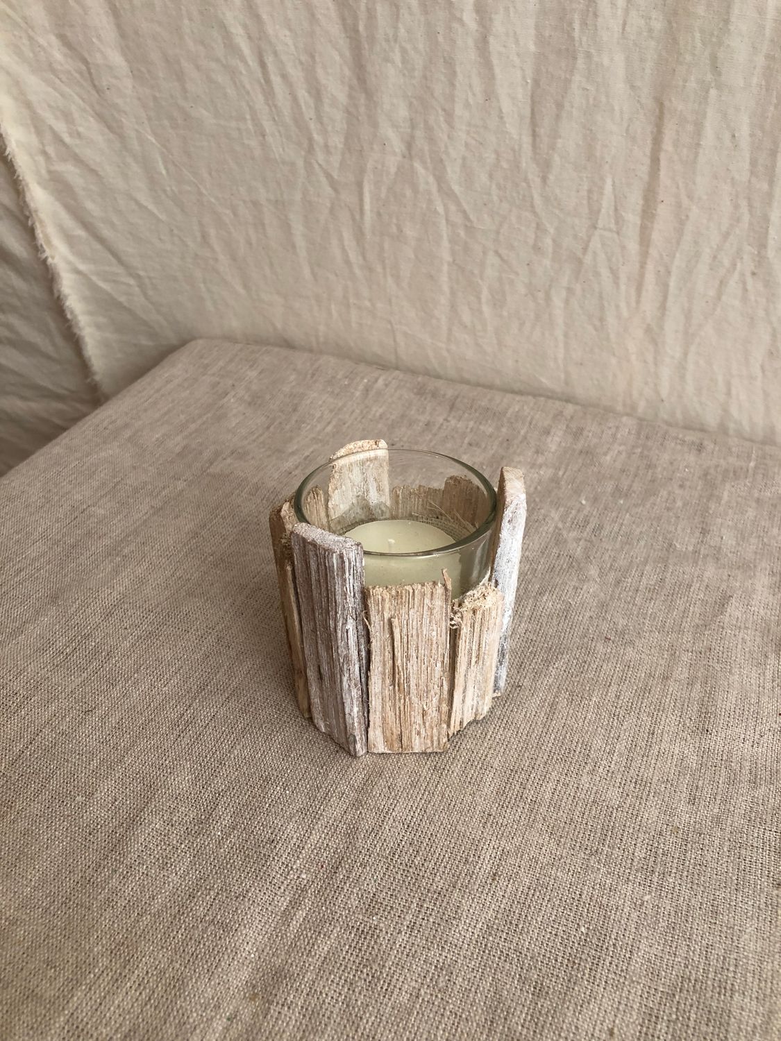 Wood Glass Candleholder Sm Cream