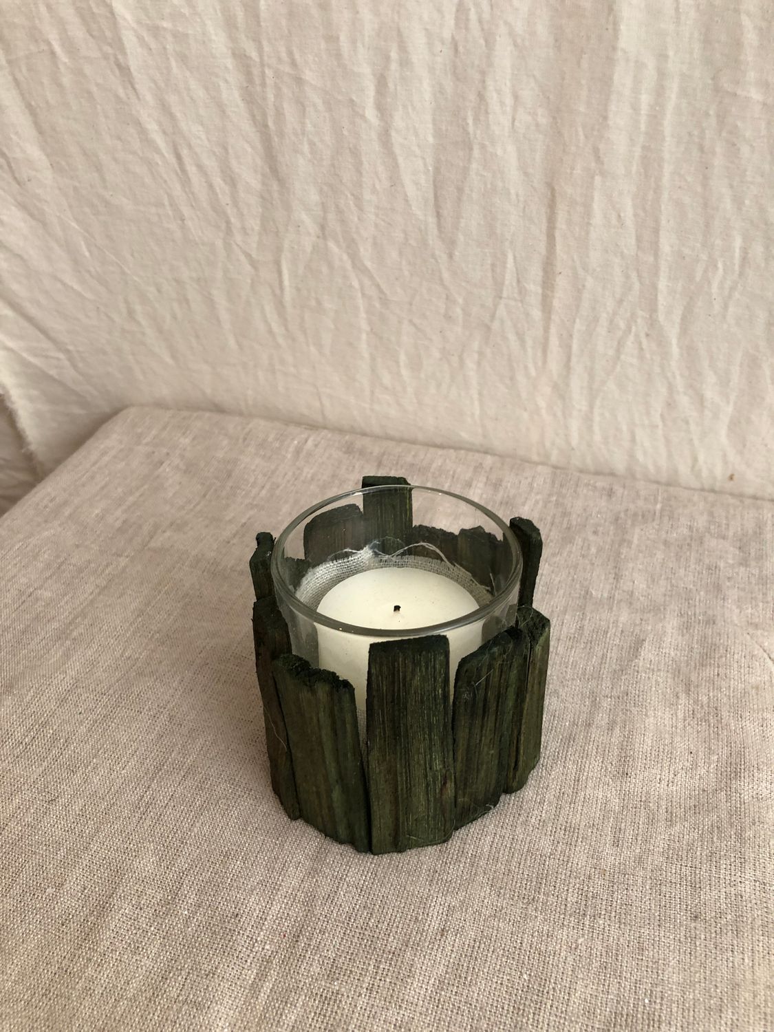 Wood Glass Candleholder Med Green