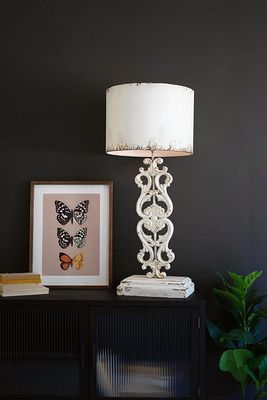 Antique White Table Lamp w/Carved Damask Base &amp; Metal Shade